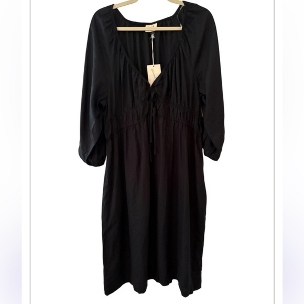 NWT UNIVERSAL THREAD Milkmaid Linen Rayon A-Line Tie Front Black Dress L